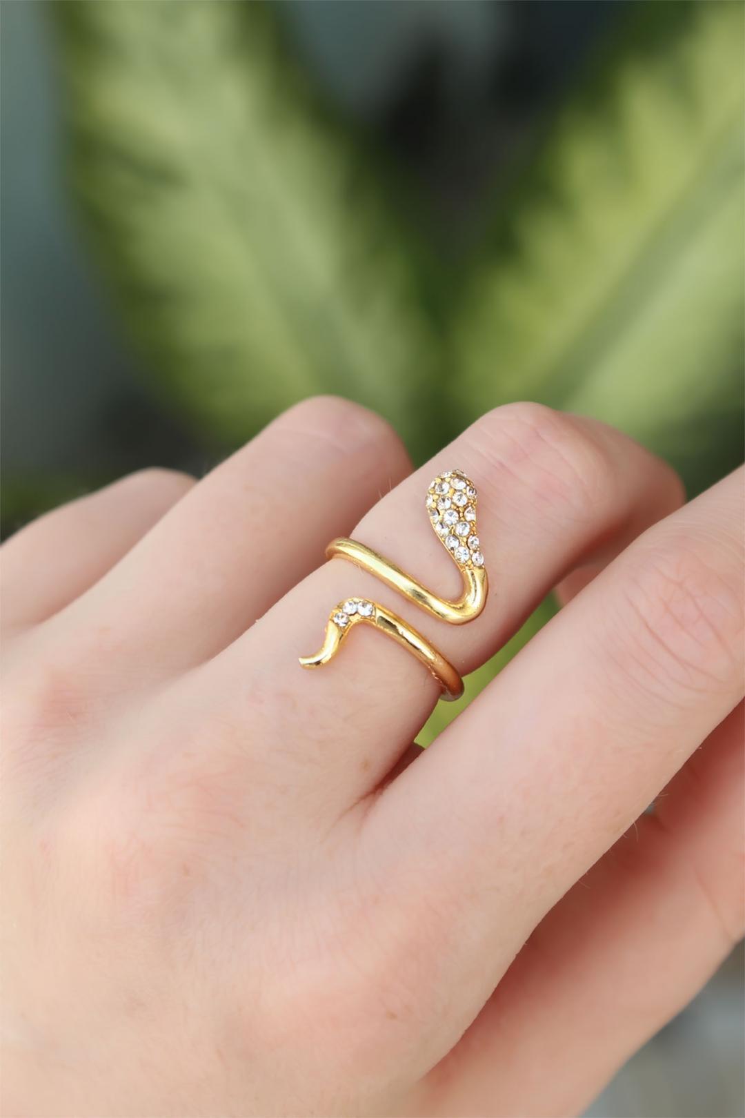 Adjustable Gold Snake Ring with Sparkling Zircon Stones