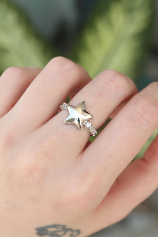 Adjustable Silver Star Ring with Sparkling Zircon Stones