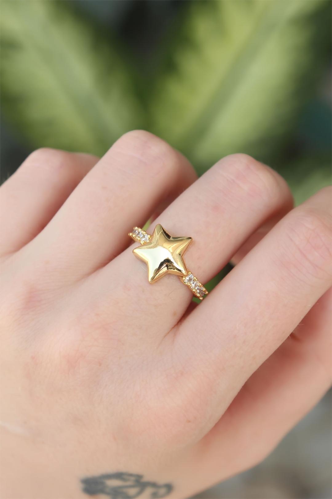 Adjustable Gold Star Ring with Sparkling Zircon Stones