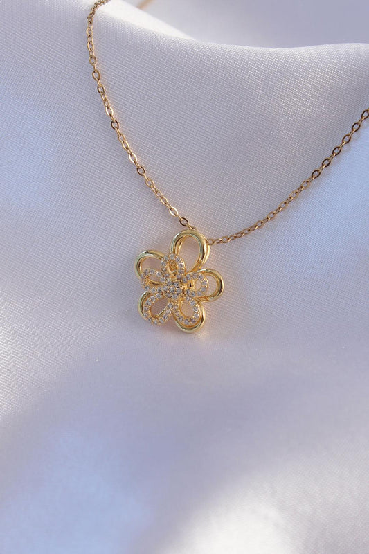 Stunning Gold-Plated 316L Stainless Steel Flower Pendant Necklace with Zircon Stones - Set of 2