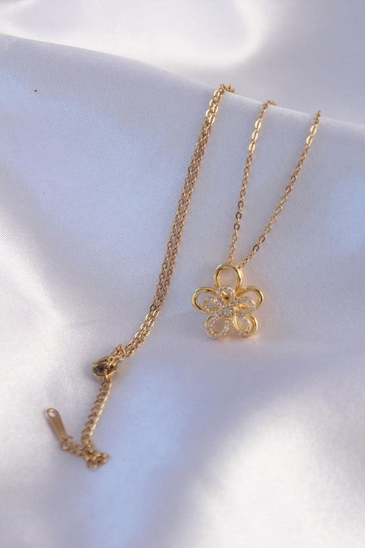 Stunning Gold-Plated 316L Stainless Steel Flower Pendant Necklace with Zircon Stones - Set of 2