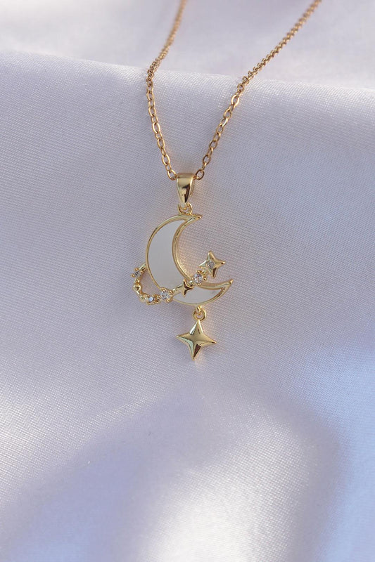 Gold-Plated 316L Stainless Steel Chain Necklace with Zircon Stone and Enamel Moon and Star Design