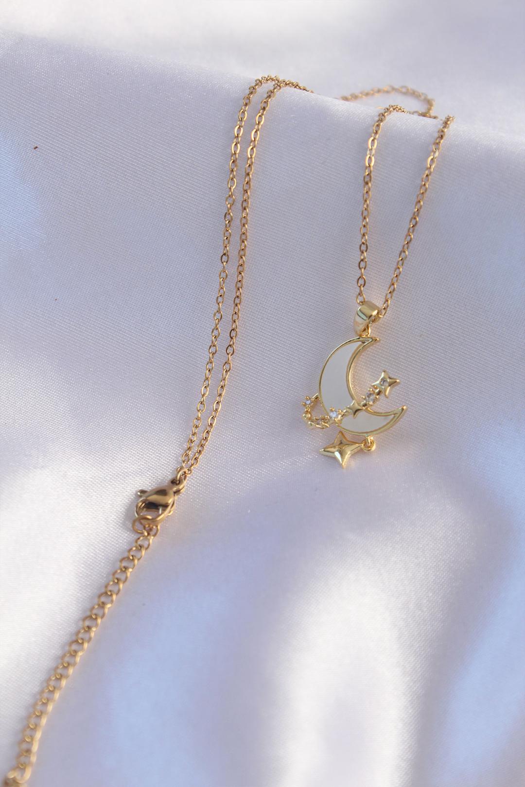 Gold-Plated 316L Stainless Steel Chain Necklace with Zircon Stone and Enamel Moon and Star Design