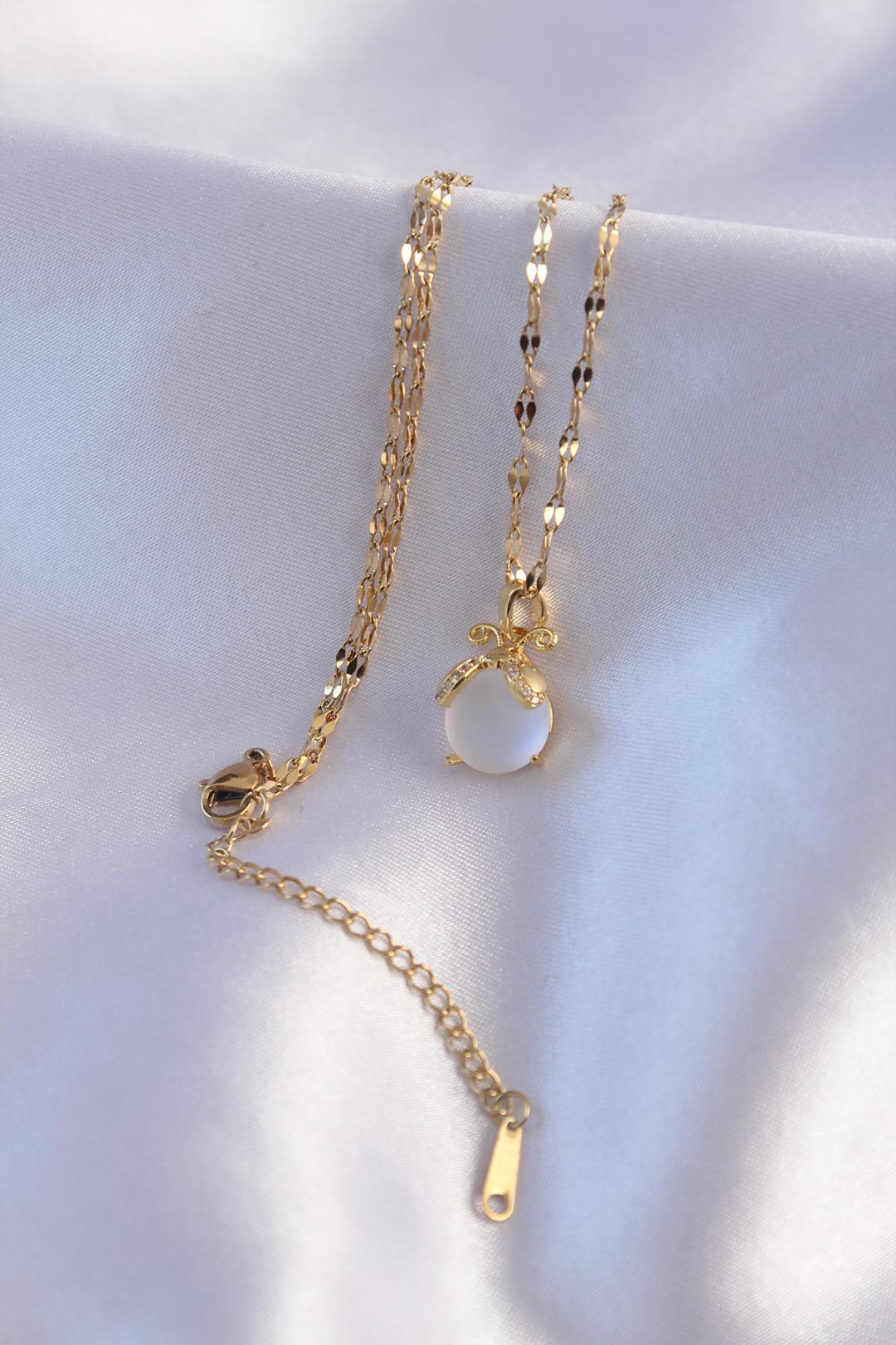 Gold-Plated 316L Stainless Steel Chain Necklace with Zircon Stone and Lustrous Pearl Sphere