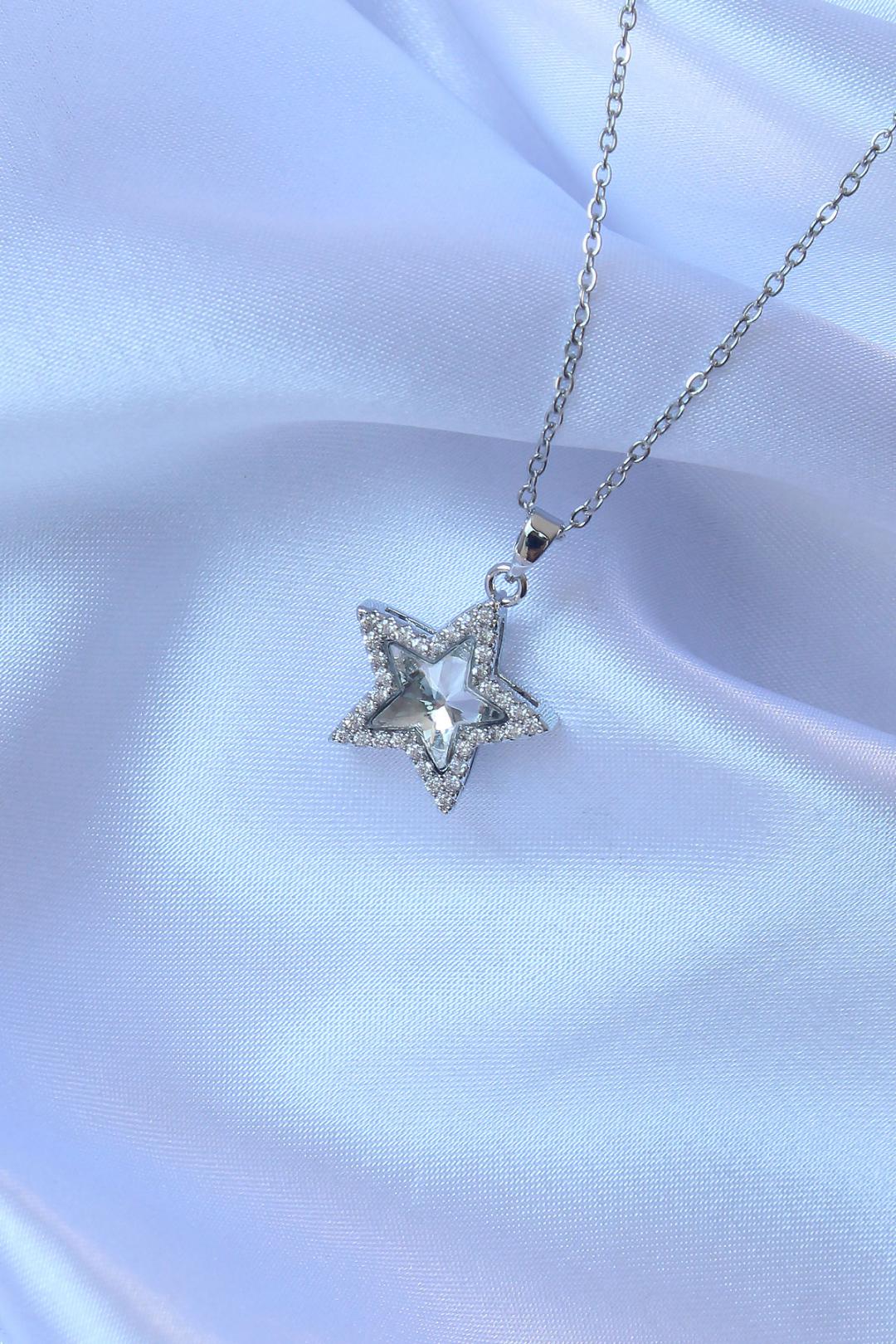 Silver Star Pendant Necklace with Zircon Stones on 316L Stainless Steel Chain