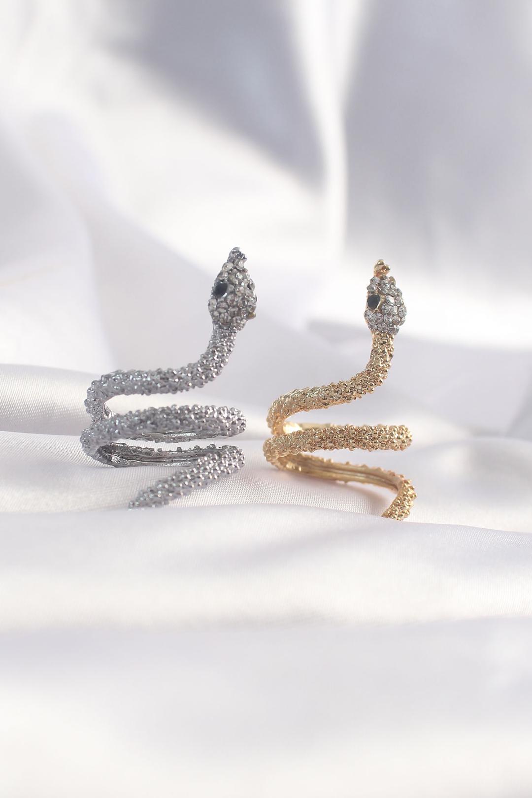 Adjustable Gold Snake Ring with Sparkling Zircon Stones