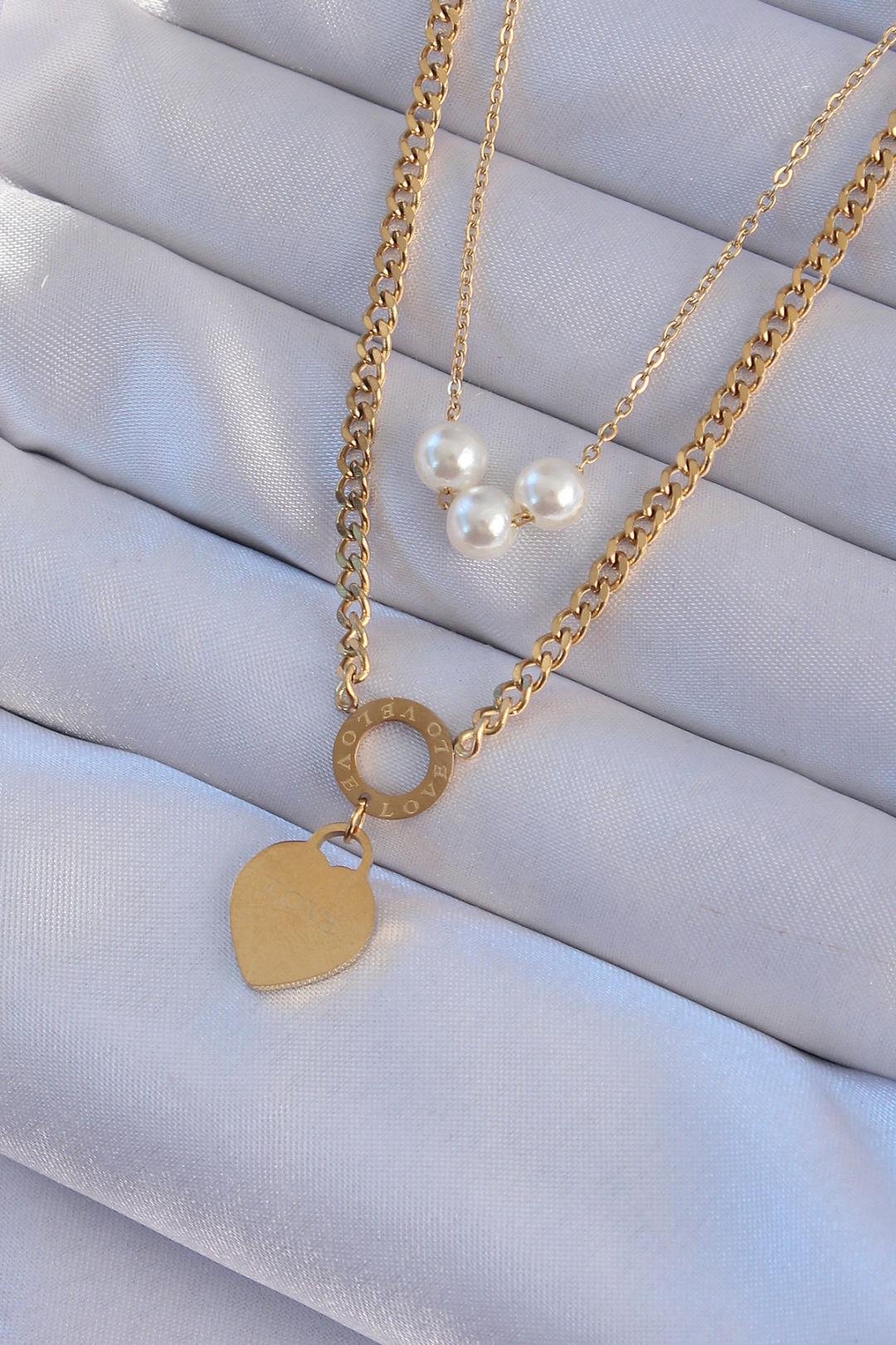 Gold Plated 316L Stainless Steel Double Chain Heart Necklace with Pearl Detail