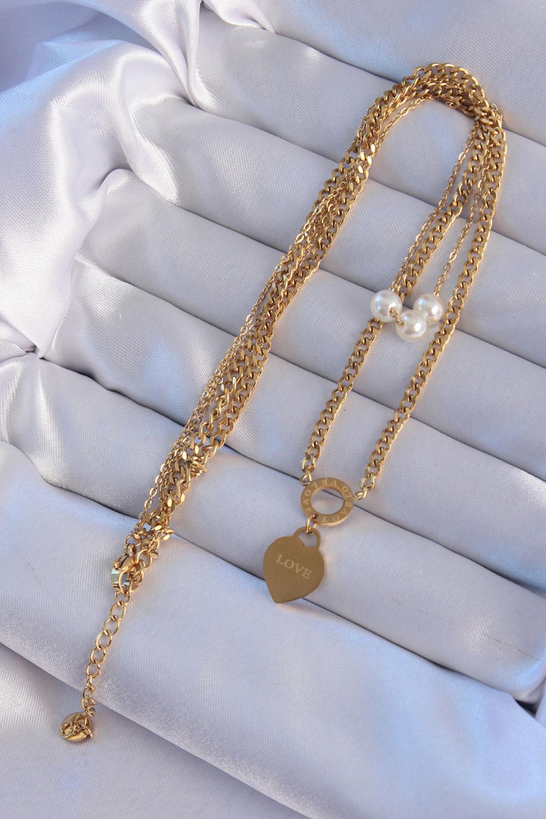 Stunning 316L Stainless Steel Gold Double Chain Heart Necklace with Pearl Detail