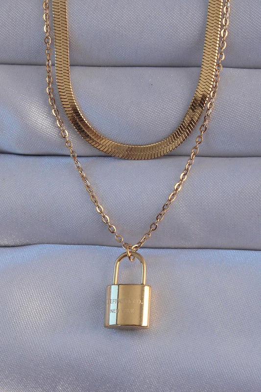 Gold Double Chain Lock Necklace in 316L Stainless Steel