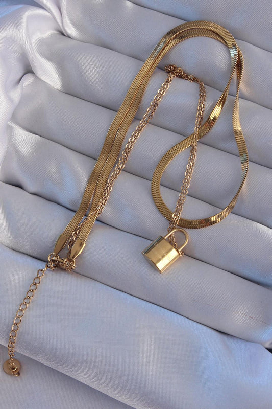 Gold Double Chain Lock Necklace in 316L Stainless Steel