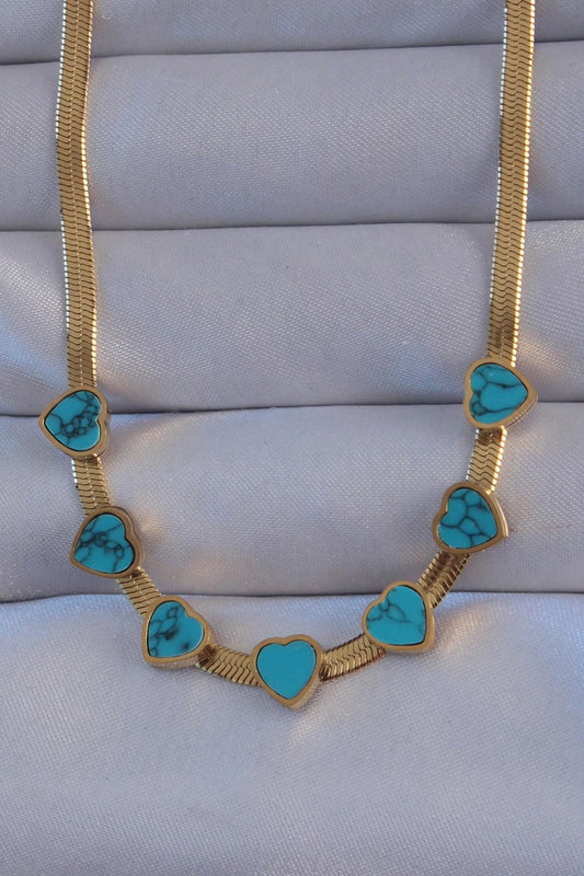 Gold-Plated 316L Stainless Steel Italian Chain Heart Necklace with Blue Marble Design