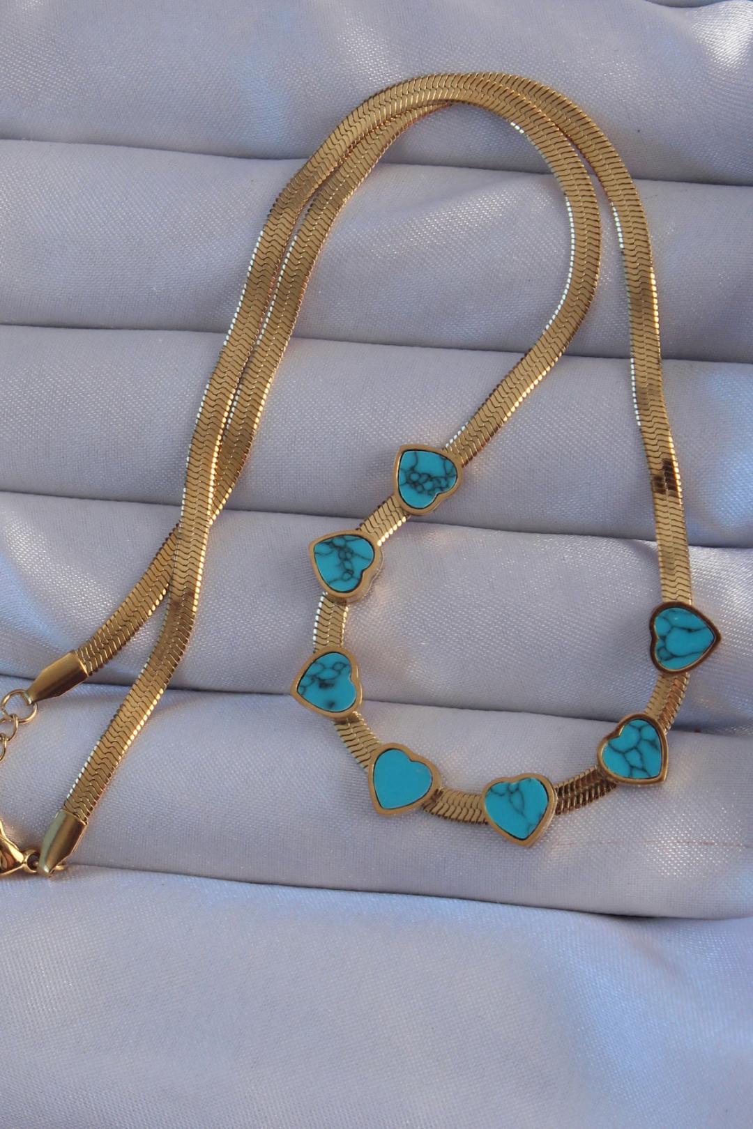 Gold-Plated 316L Stainless Steel Italian Chain Heart Necklace with Blue Marble Design