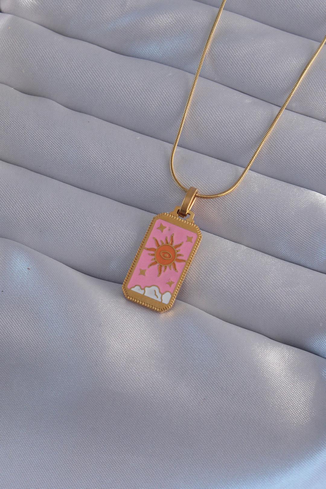 Gold-Plated 316L Stainless Steel Pink Enamel Sun Tarot Necklace