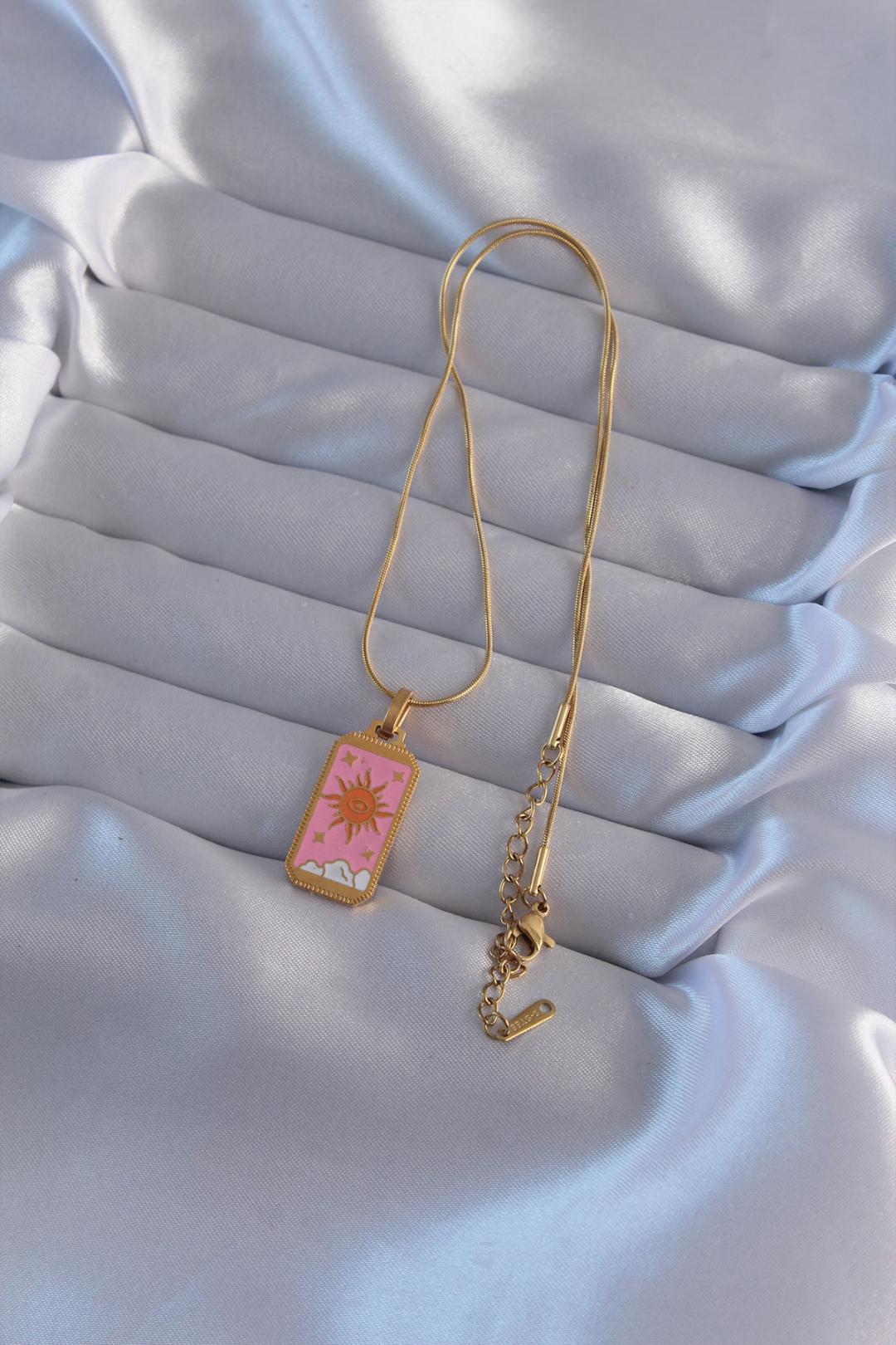 Gold-Plated 316L Stainless Steel Pink Enamel Sun Tarot Necklace