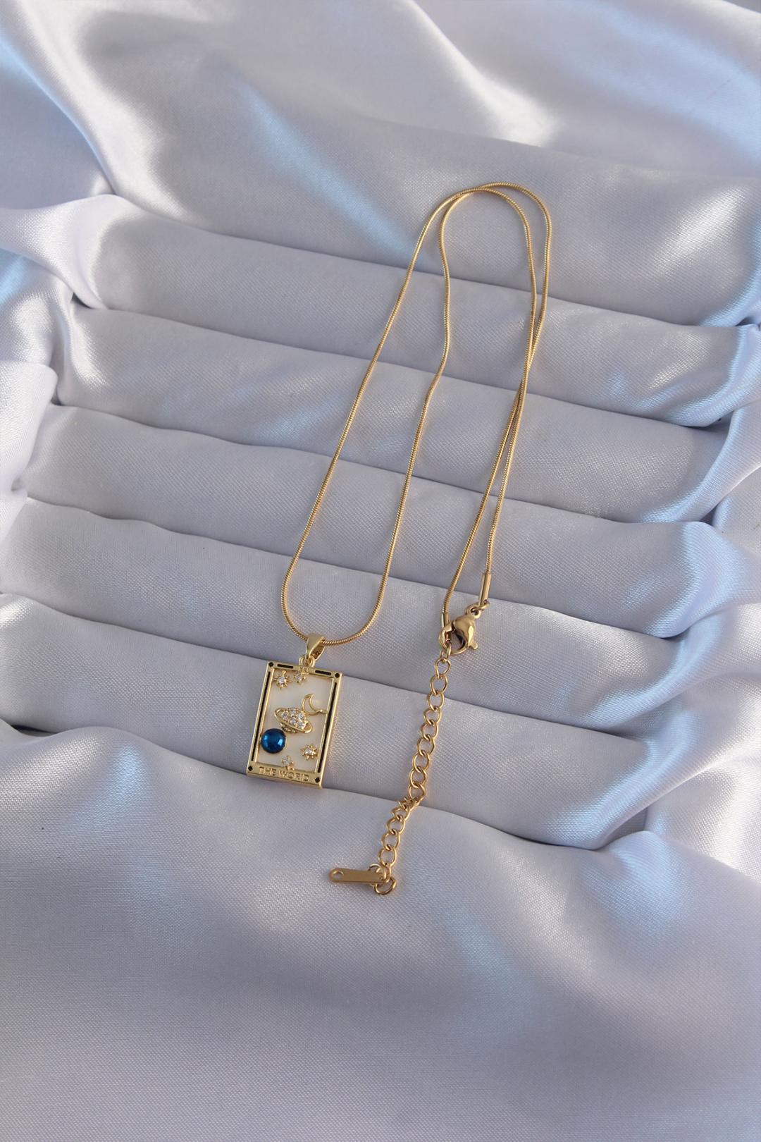 Vintage Planet Necklace with Blue Zircon Stone in Gold-Plated 316L Stainless Steel