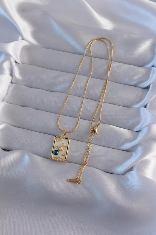 Vintage Planet Necklace with Blue Zircon Stone in Gold-Plated 316L Stainless Steel