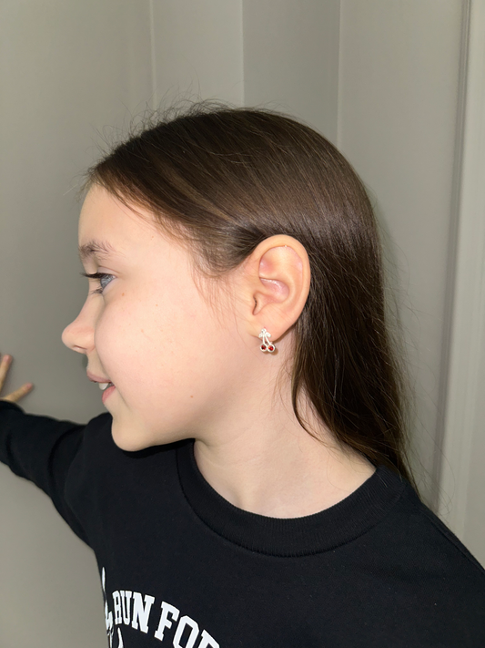 Charming Silver Cherry Earrings for Kids with Sparkling Zircon Stones