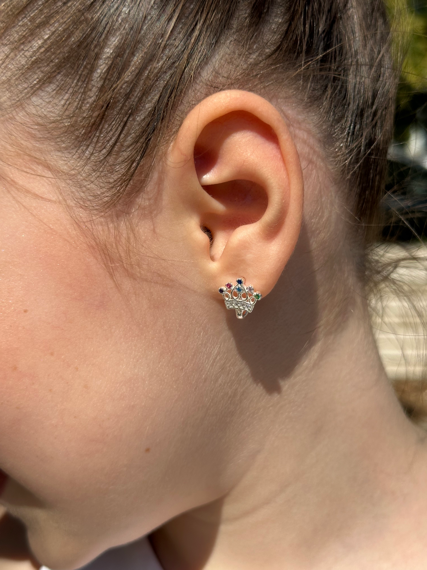 Silver Princess Crown Earrings with Zircon Stones for Kids