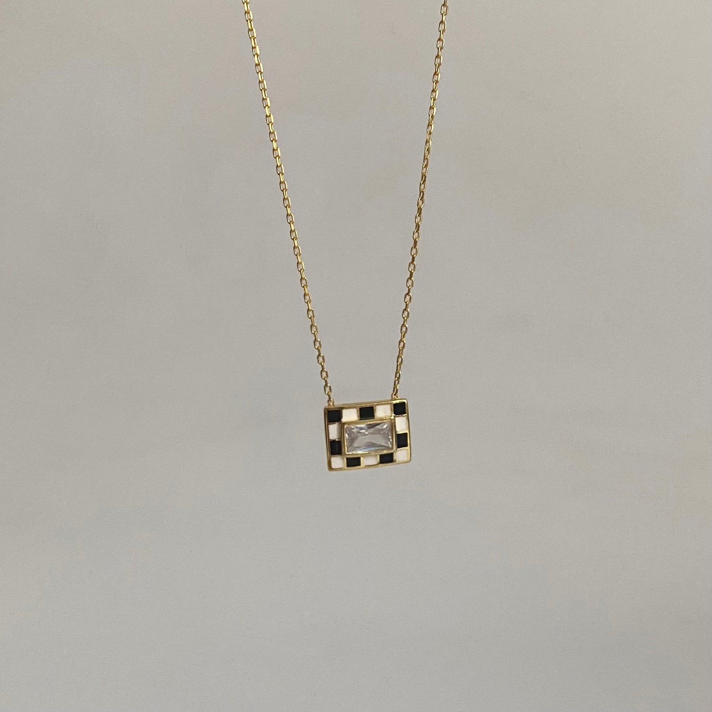 925 Sterling Silver Stone Detail Checkerboard Necklace