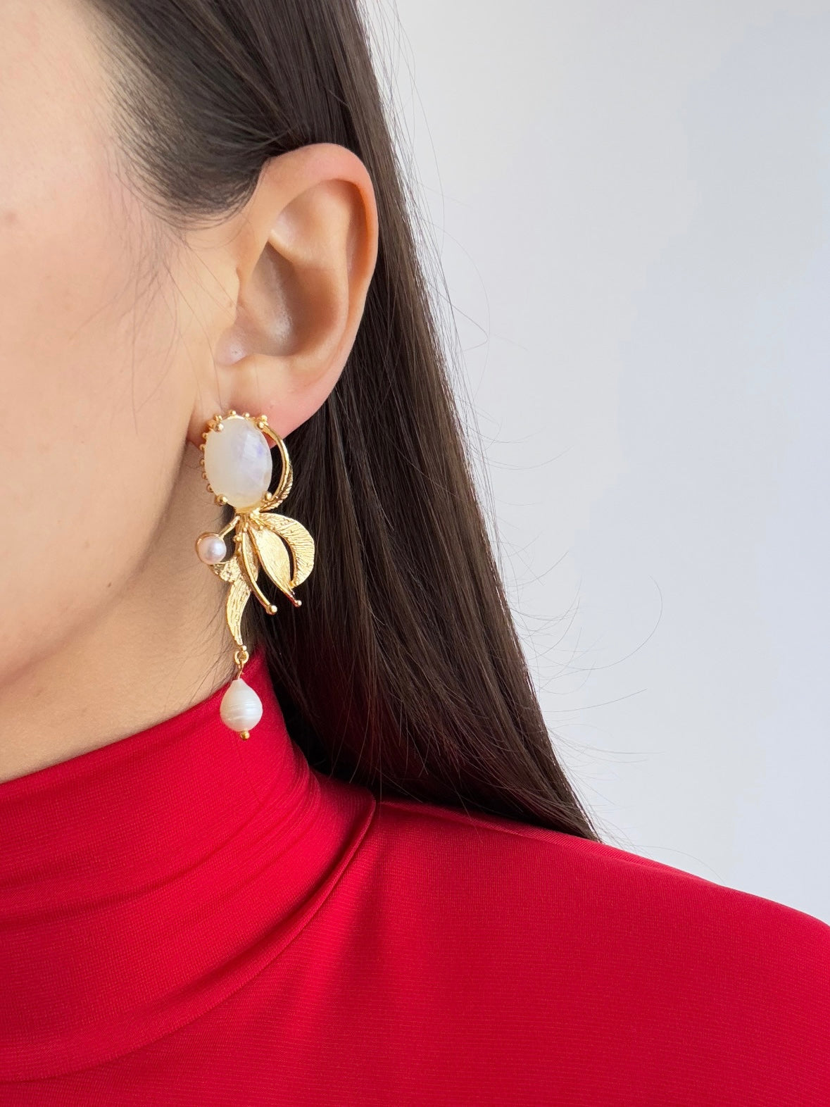 Natural Stone-Accented Gold-Plated Bud Rose Earrings