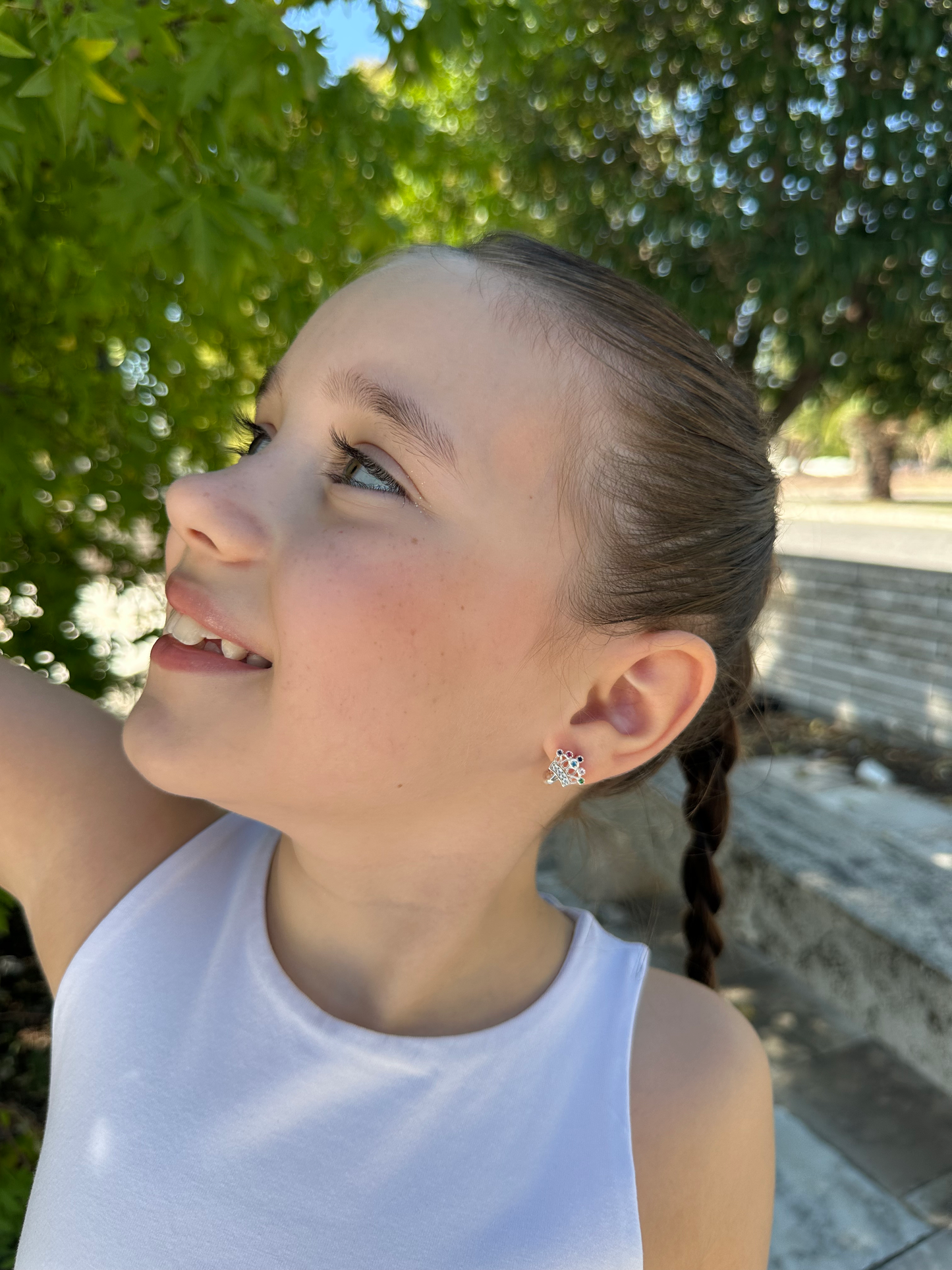 Silver Princess Crown Earrings with Zircon Stones for Kids