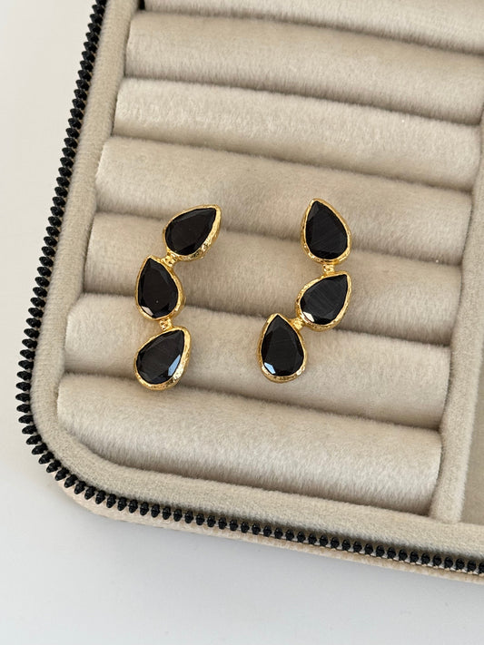 Natural Stone Accent Drop Earrings in Black Gold Finish - Elegant and Stylish