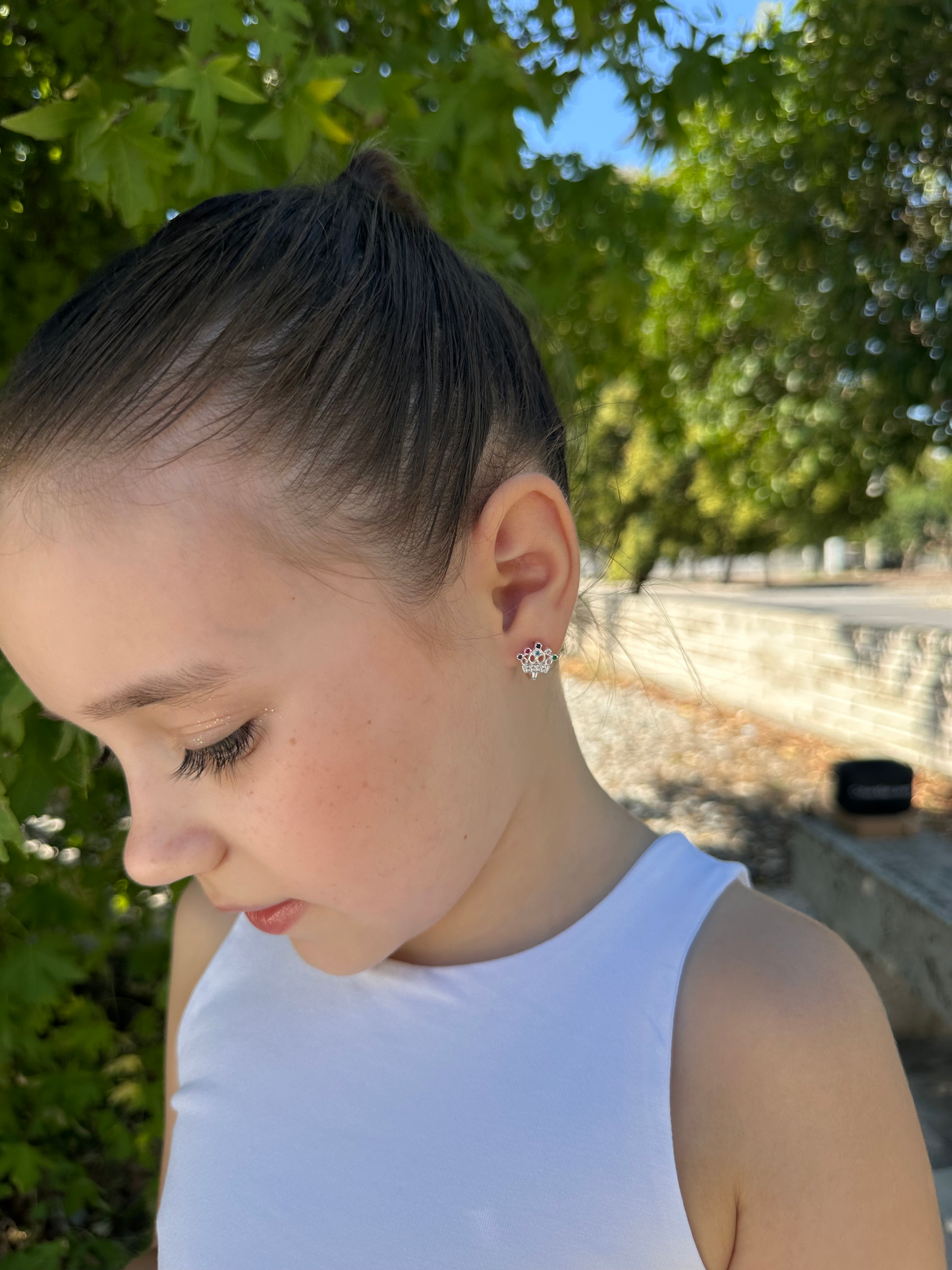 Silver Princess Crown Earrings with Zircon Stones for Kids