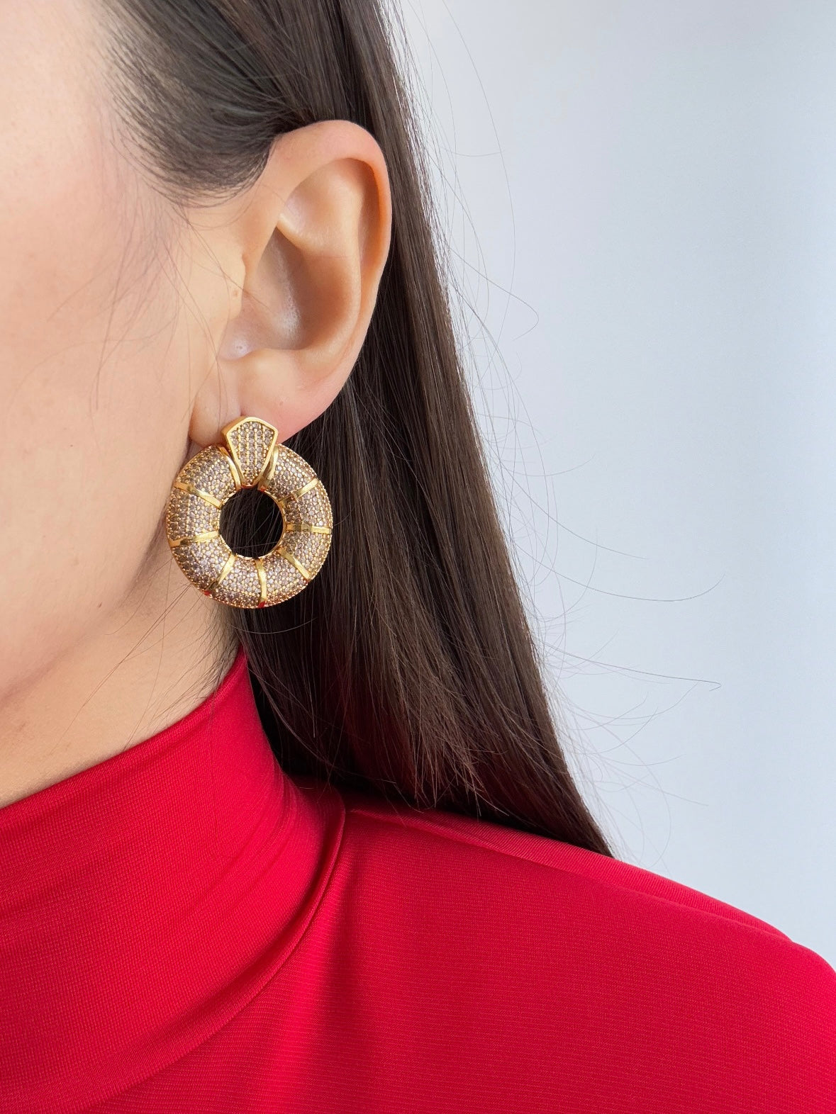 Stunning Gold-Plated Earrings with Zircon Stone and Intricate Halo Detail