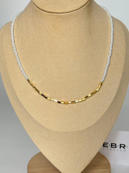 Elegant White Glass Bead Gold-Plated Detail Necklace