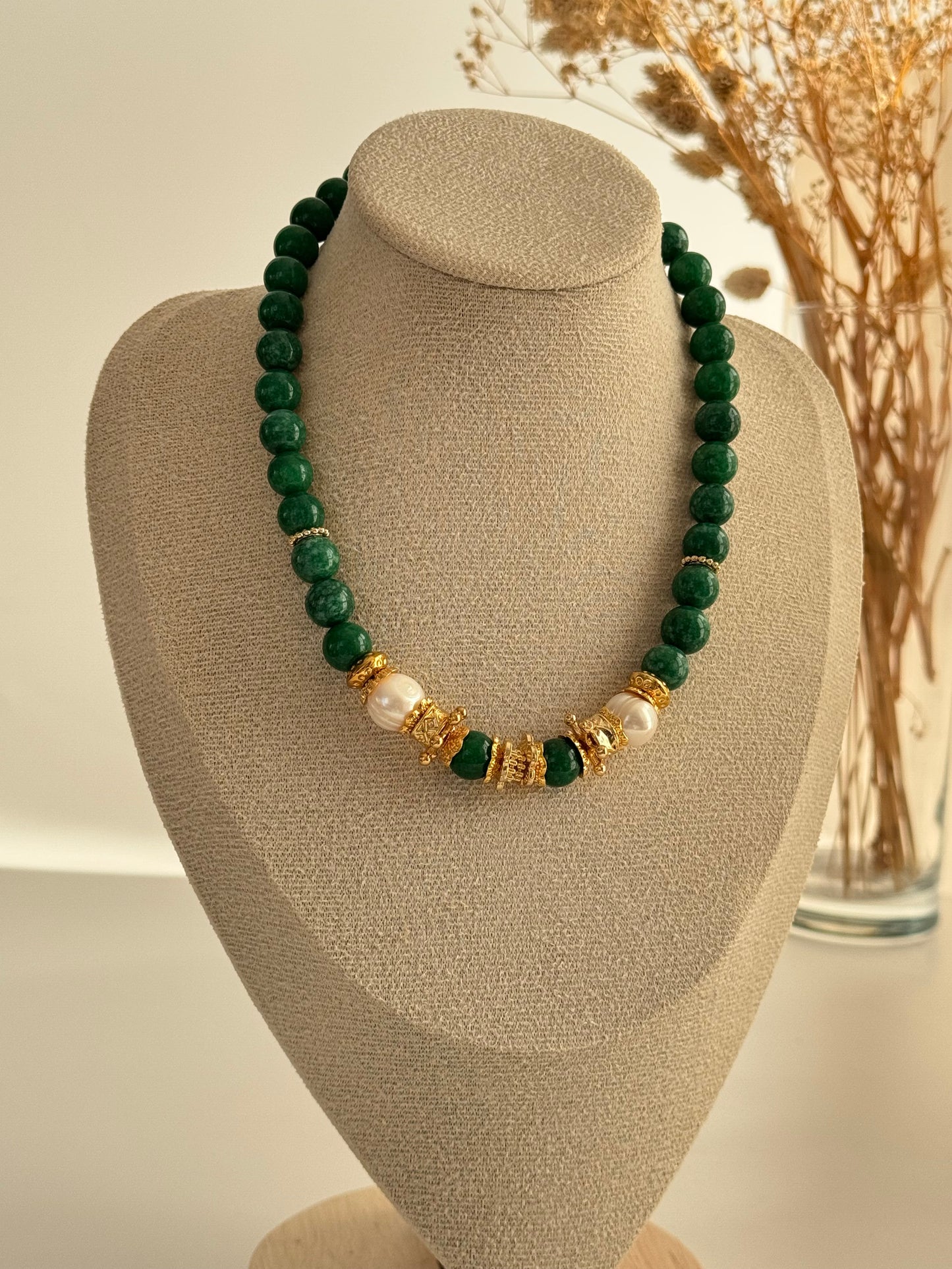 Elika Green Natural Stone Necklace with Real Pearls and Gold-Plated Accents