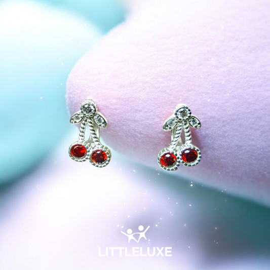 Charming Silver Cherry Earrings for Kids with Sparkling Zircon Stones