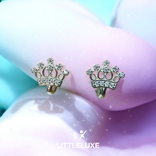 Silver Princess Crown Earrings with Zircon Stones for Kids