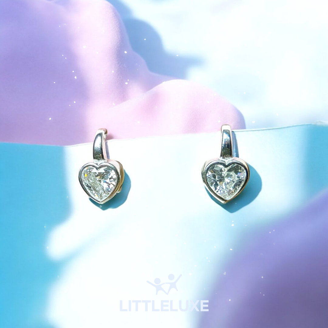 Heart-Shaped Silver Earrings for Kids with Sparkling Zircon Stones