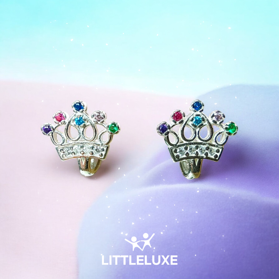 Silver Princess Crown Earrings with Zircon Stones for Kids