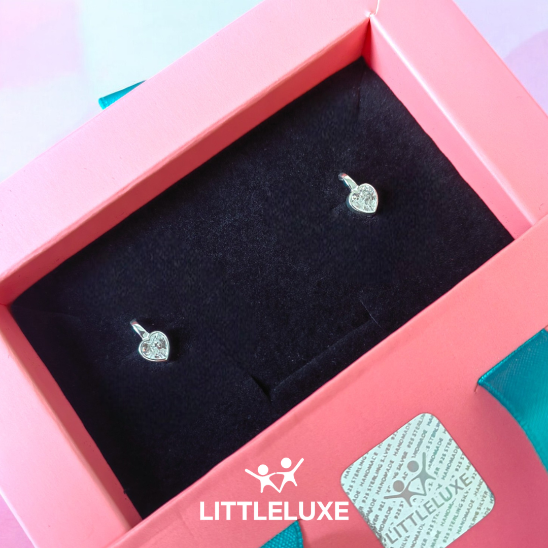 Heart-Shaped Silver Earrings for Kids with Sparkling Zircon Stones