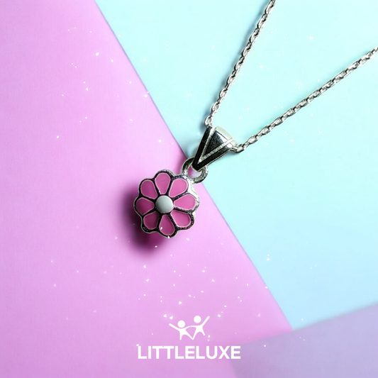 Charming Pink Daisy Silver Necklace for Kids