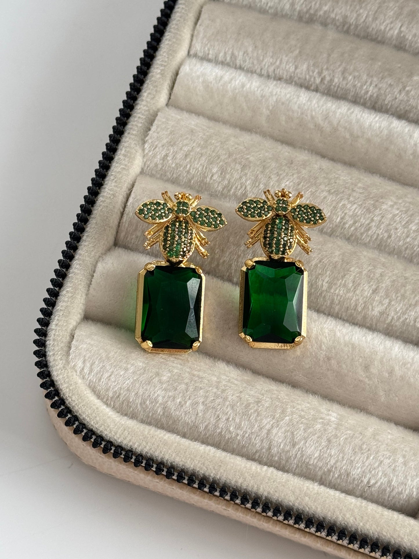 Stunning Green Stone Gold-Plated Earrings with Intricate Details