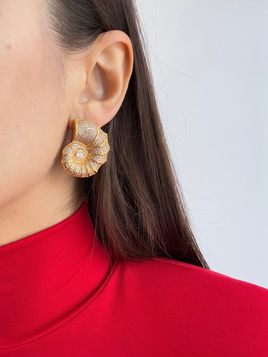 Seashell-Inspired Gold-Plated Earrings with Sparkling Stones