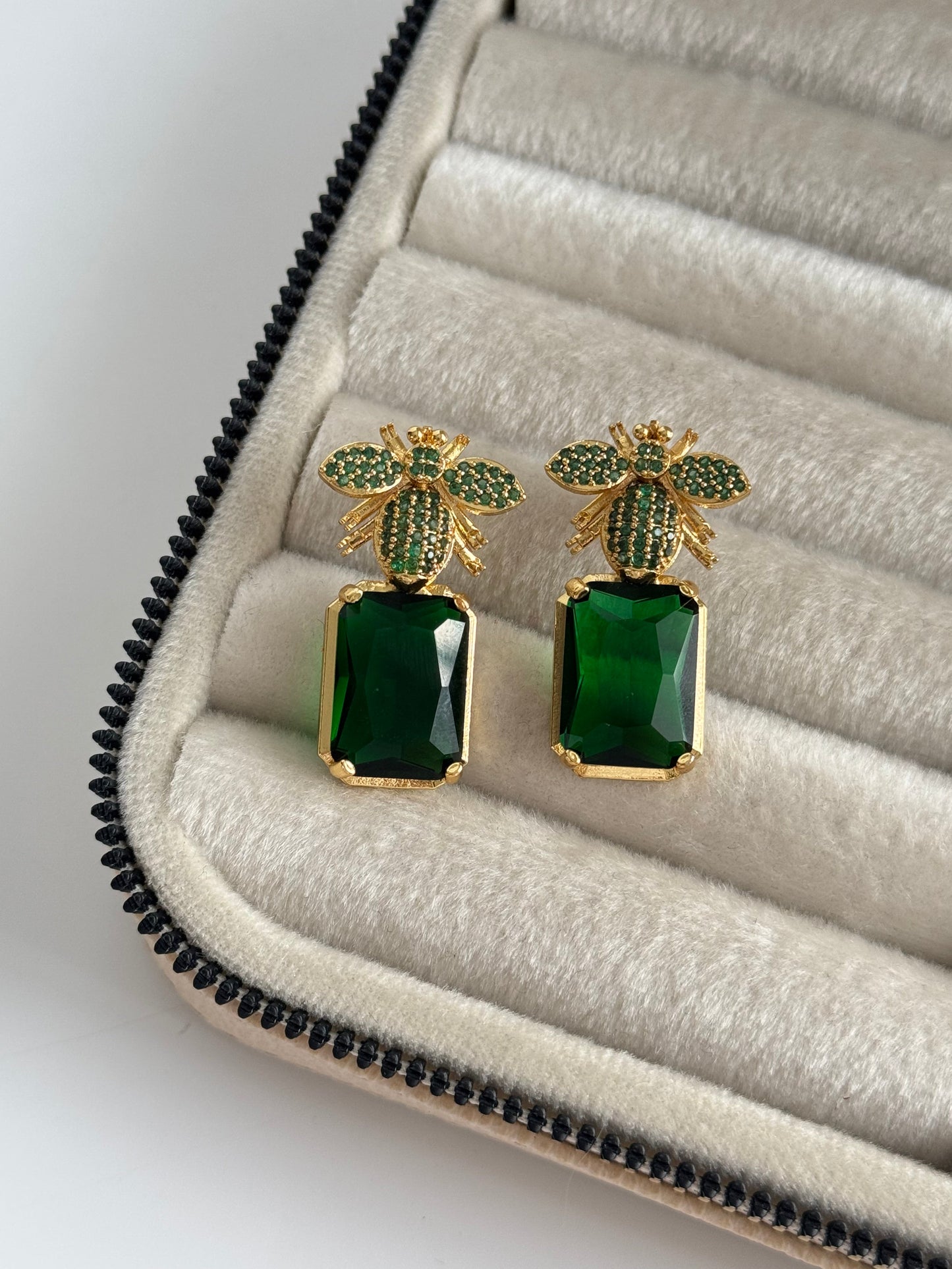 Stunning Green Stone Gold-Plated Earrings with Intricate Details