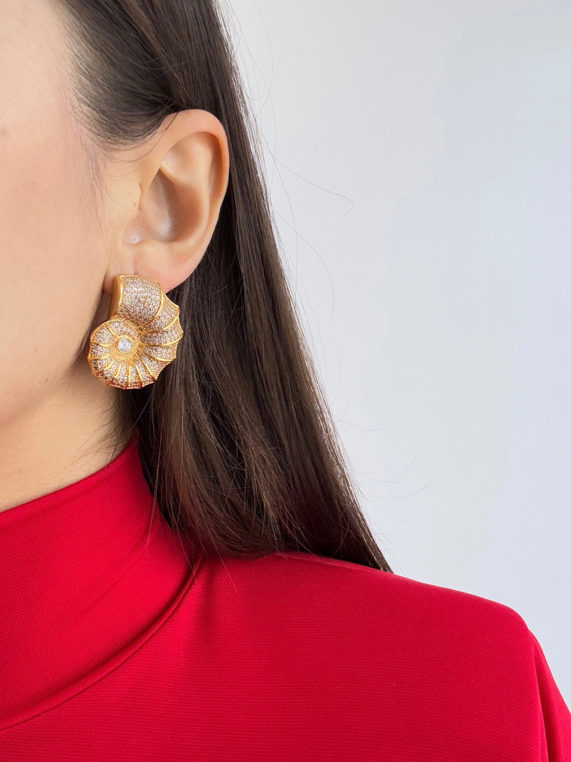 Seashell-Inspired Gold-Plated Earrings with Sparkling Stones