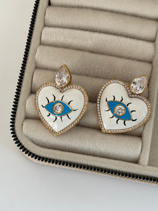 Gold-Plated Earrings with White Heart and Eye Detail