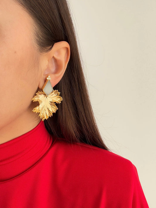 Natural Stone Detail Leaf Gold-Plated Earrings