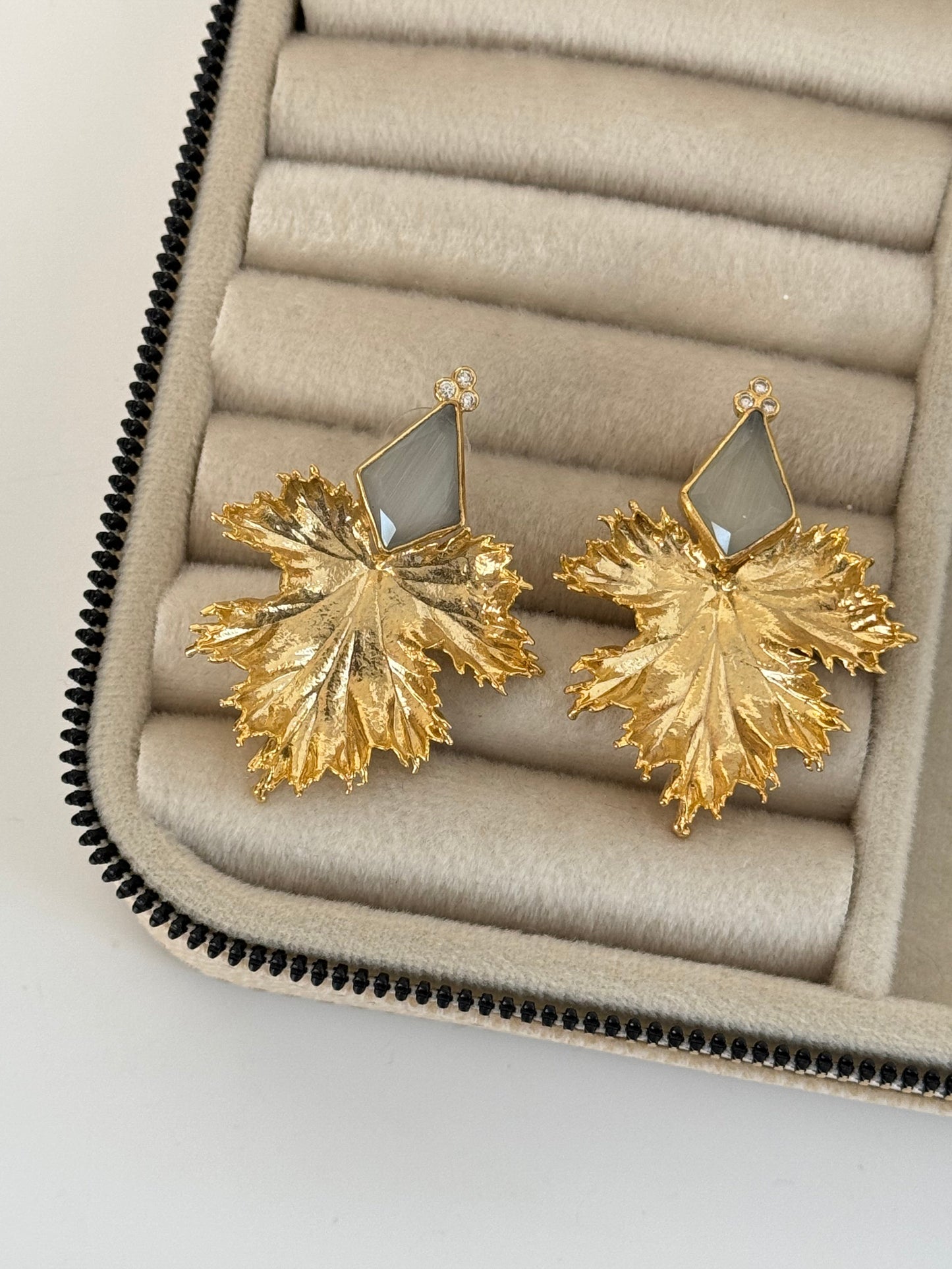 Natural Stone Detail Leaf Gold-Plated Earrings