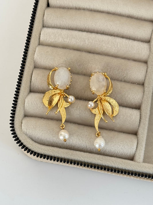 Natural Stone-Accented Gold-Plated Bud Rose Earrings