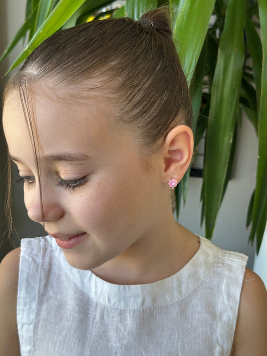 Charming Pink Daisy Silver Earrings for Little Princesses – Perfect Gift for Your Sweetheart!