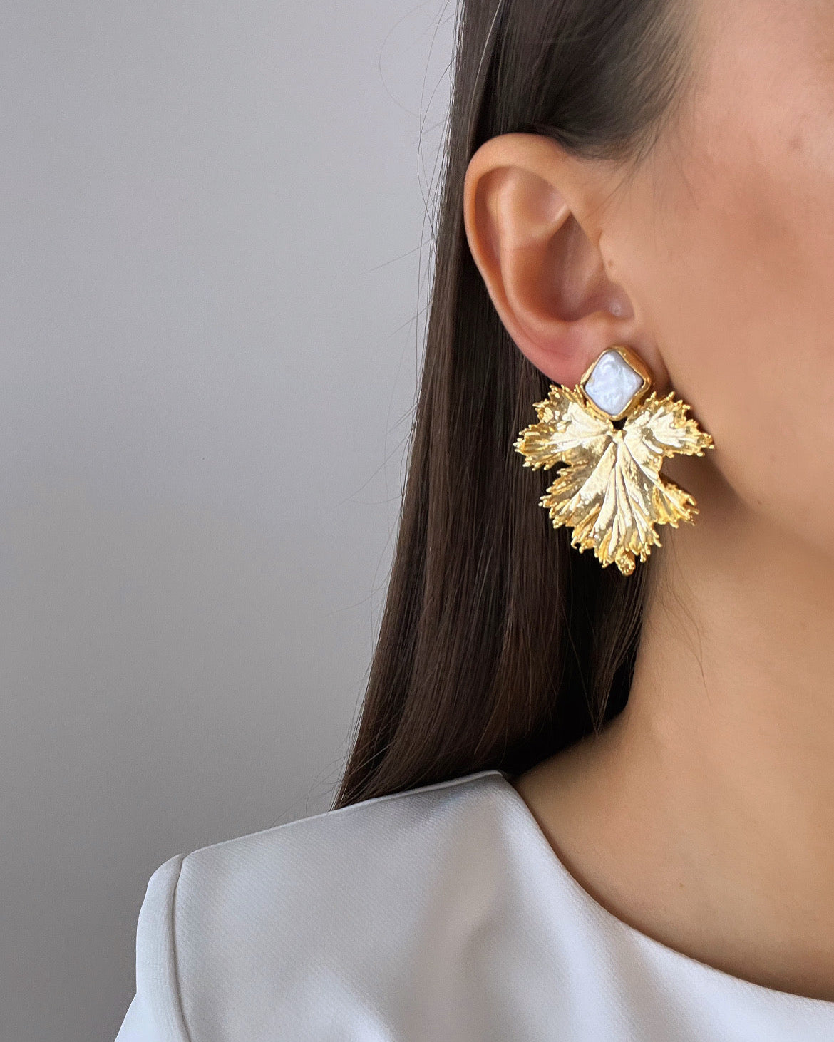 Natural Stone Accented Leaf Design Gold-Plated Earrings