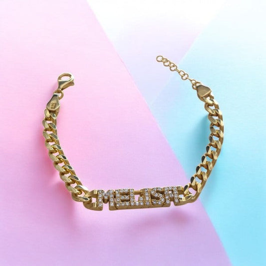 Personalized Silver Bracelet with Zircon Stones for Girls | Gold-Plated Baby Name ID Bracelet