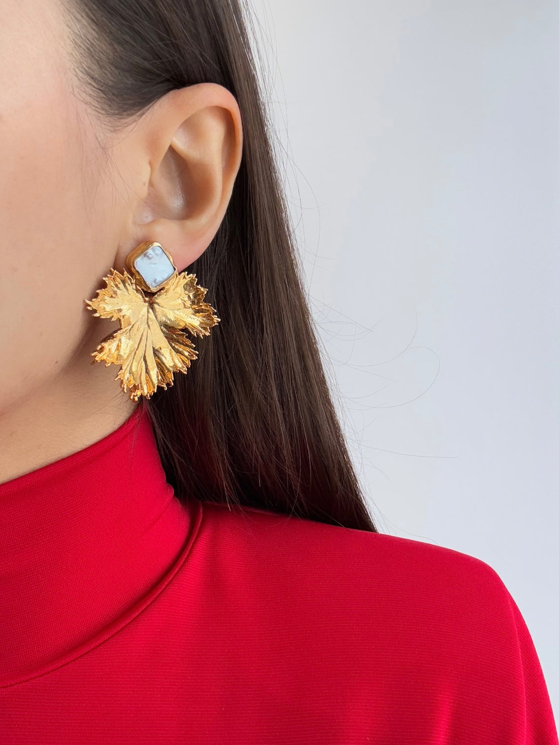 Natural Stone Accented Leaf Design Gold-Plated Earrings