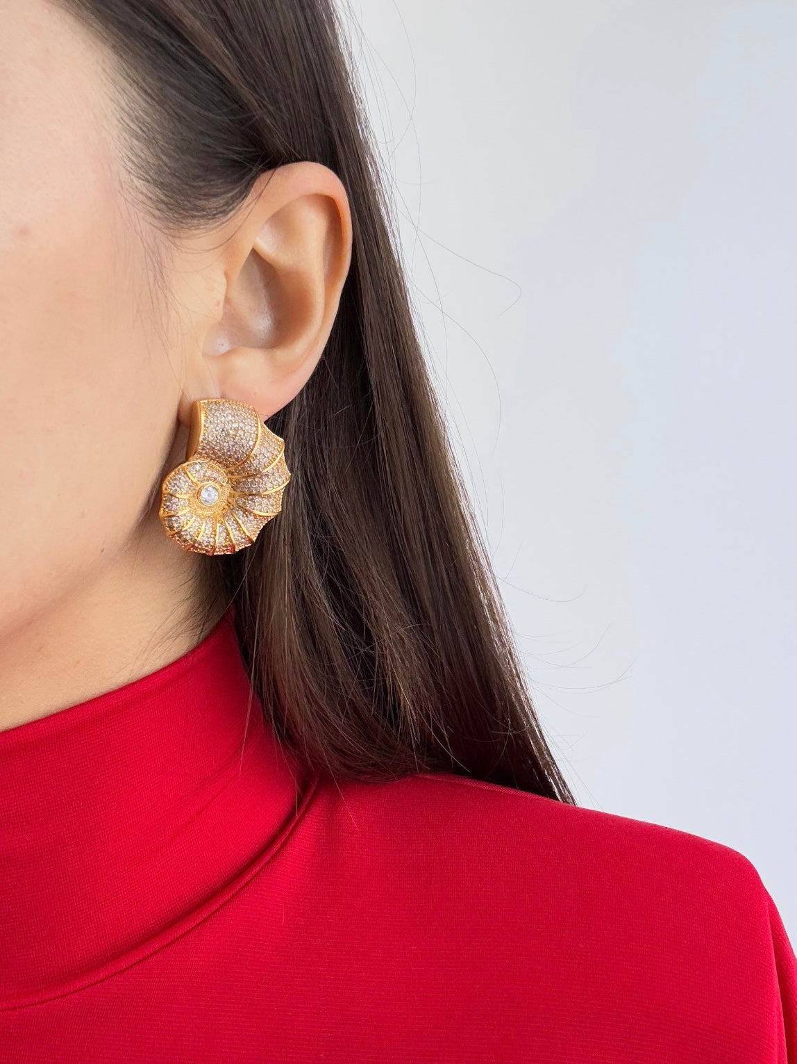 Seashell-Inspired Gold-Plated Earrings with Sparkling Stones