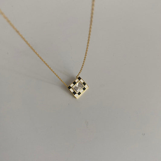 925 Sterling Silver Stone Detail Checkerboard Necklace